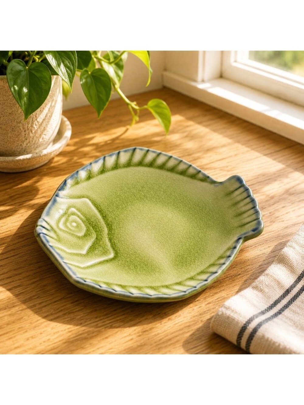 Fish-Shaped Green Ceramic Plate With Blue Rim 5" Decorative Dish For Coastal Or